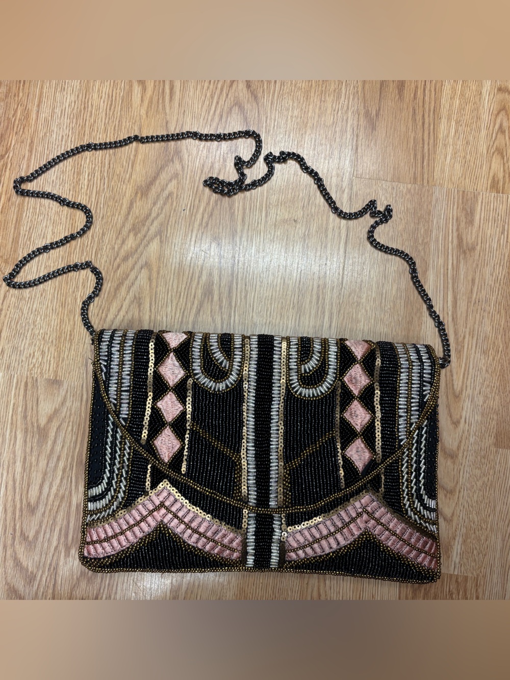 Beaded Black and Pink Crossbody Clutch